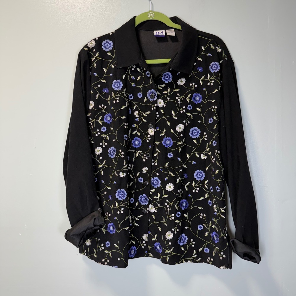 JM Collection Womens Floral Embroidered Button Down Shirt Black Blue Large L
